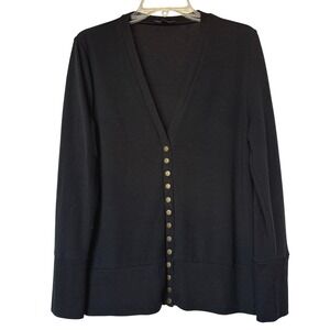 Verabendi Black Cardigan Gold Button Front Minimalist Soft Knit Sweater L